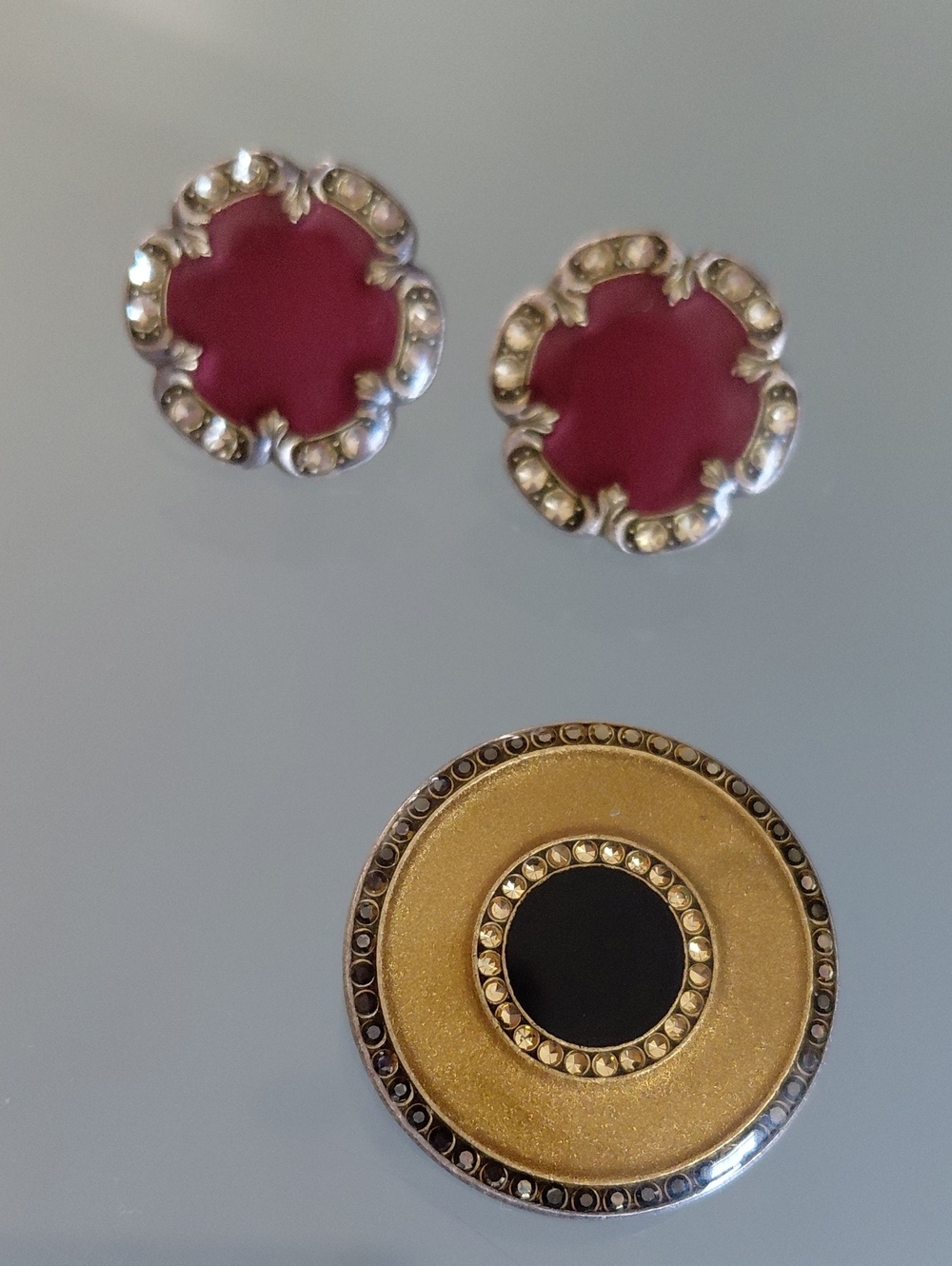 Vintage Catherine Popesco Dusty Rose Crystal Earrings & Gold Tone Brooch Set